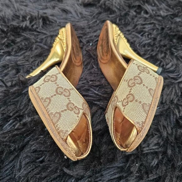 Gucci Women Heel Sandal GG Web Gold Tone Buttom Made Italy Size 34.5 - Picture 7 of 14